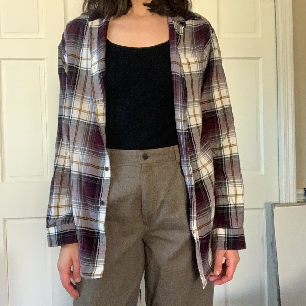 Long flannel red maroon cotton long button up shirt GRUNGE 90s